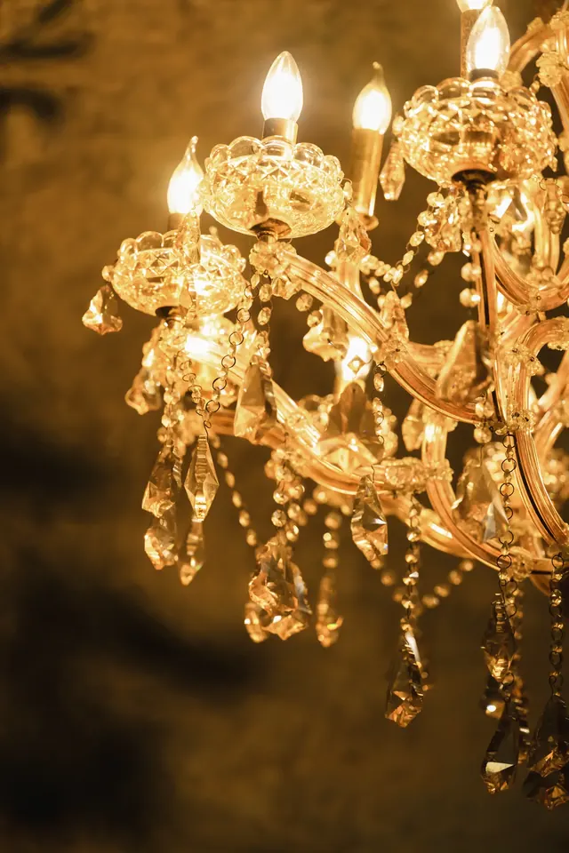 Crystal details of a chandelier in the dining room